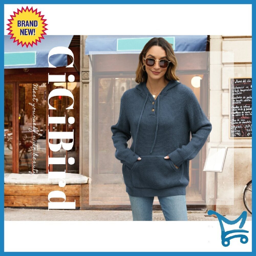Oversized V-Neck Hoodie Sweater with Pockets, 100% Acrylic, Loose Fit - Picture 6 of 8
